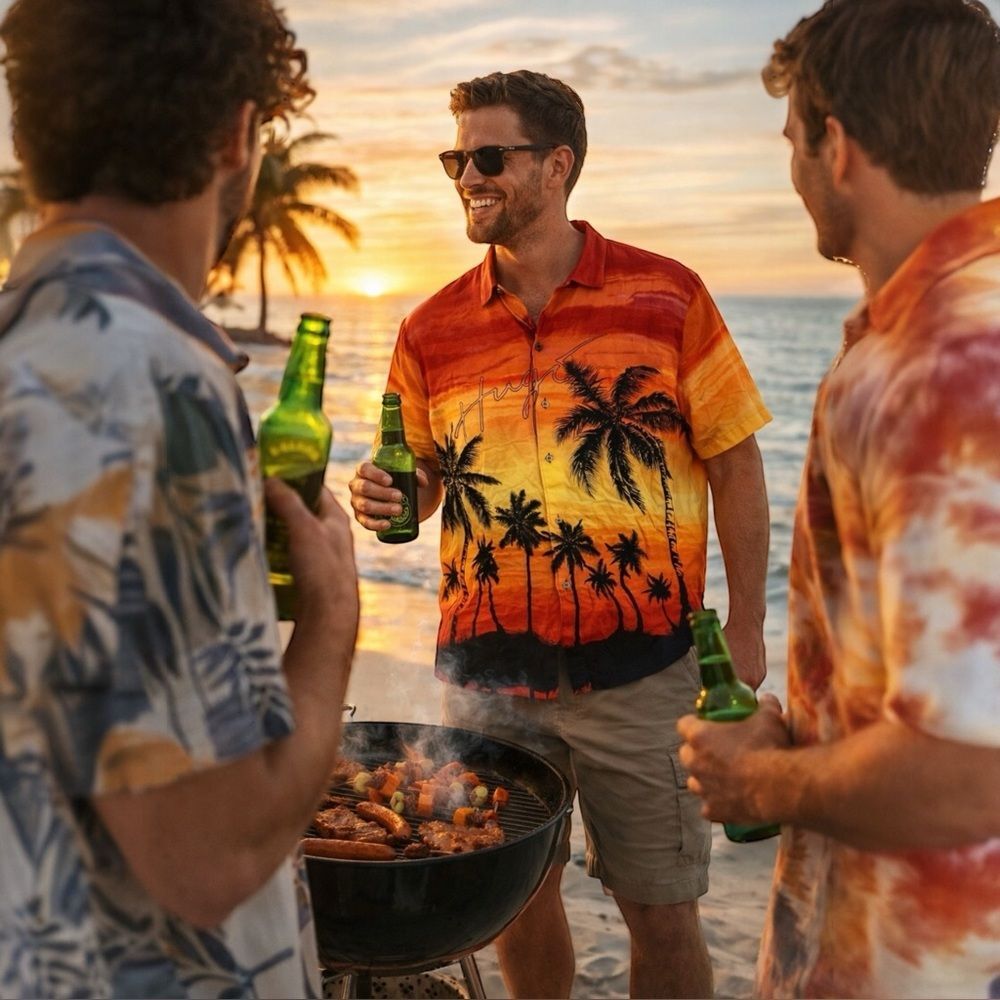 HUGO BOSS SHIRT MENS XXL RED ELLINO HAWAIIAN SUNSET PALM‎ TREES TROPICAL YELLOW